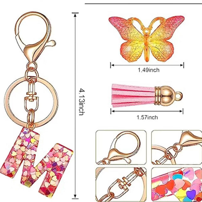 1 Px Pink Heart Sequins Resin English Letter Key Chain Pendant Butterfly Tassel Accessories Key Hanging
