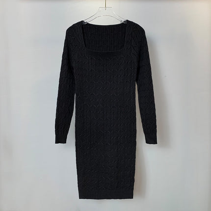 Real Shot South Korea Dongdaemun Sexy Figure Hip Long-sleeved Dress Slim-fit Slimming Hemp Pattern Knitted Skirt