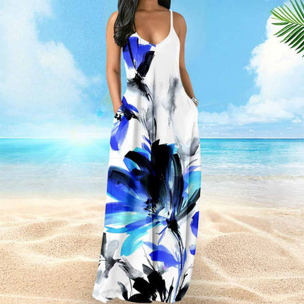 Cross-border Amazon European and American Women's Bohemian Sling dress Digital Printing Vacation Style Sexy Dress