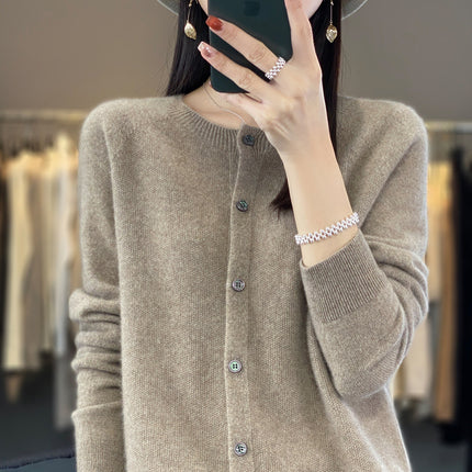 Round neck first-line clothing pure wool sweater cardigan coat women's osmanthus needle knitted bottoming shirt long sleeve solid color top