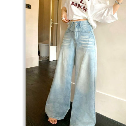 2025 Spring New Loose Denim Long Pants for Women Washed Design Straight Wide-Leg Floor-Length Pants
