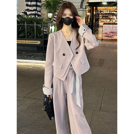 Women's Suit Set 2026 Spring New Style Lace Ribbon Cuff Blazer + Straight-Leg Pants Elegant Set