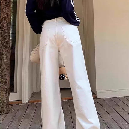 White High-Waisted Straight Jeans for Women in Spring & Fall, Plus Size, Loose, Slimming Look, Pear-Shaped Figure, Floor-Length Pants