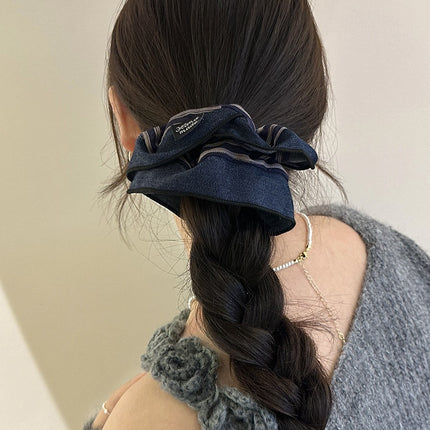 High-end sense exquisite retro navy blue wide-brimmed French stripe pleated low ponytail ball hair accessories women's new hair rope