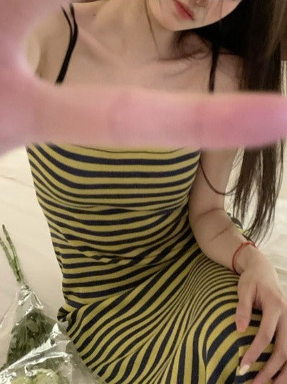 Striped back strap dress women's spring 2024 green casual mid-length slim slimming sheath skirt