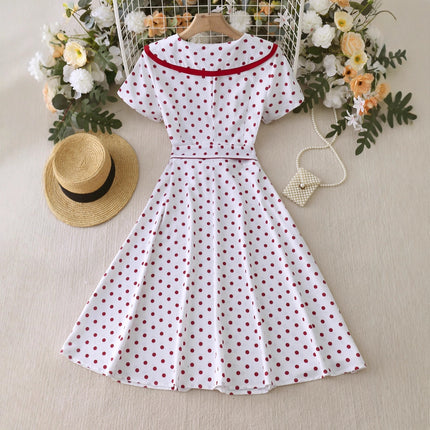 2025 Cross-Border Foreign Trade New Style Lapel Retro Polka Dot Repair Slim Retro Large Hem Dress with Belt Ready for Sale