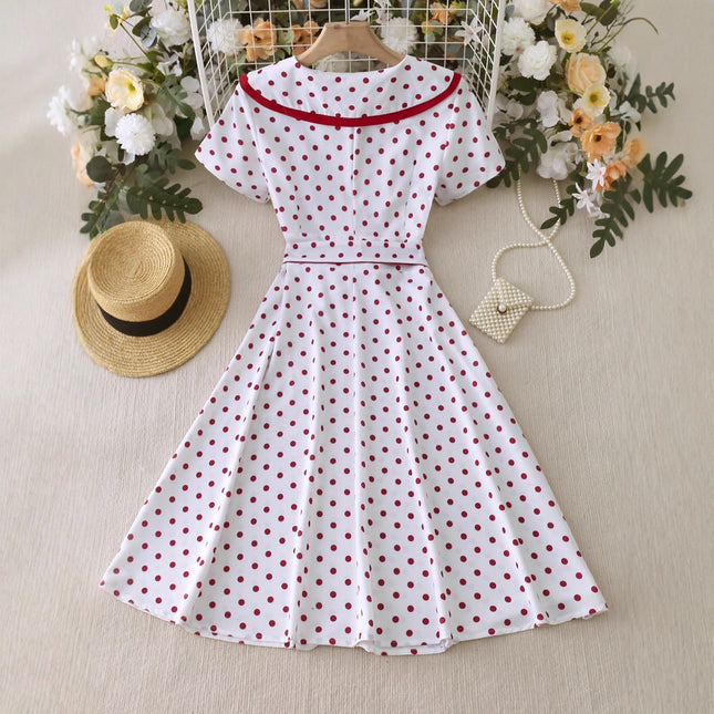 2025 Cross-Border Foreign Trade New Style Lapel Retro Polka Dot Repair Slim Retro Large Hem Dress with Belt Ready for Sale