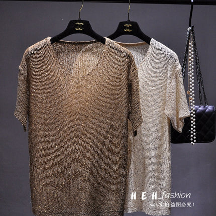 Han Eun's Thin Gold Silk Sequin Hollow Loose plus size Pullover Knitted Sunscreen Blouse V-Neck Short-Sleeved Top