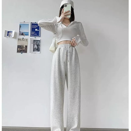 Drawstring Convertible Sweatpants for Women, Spring and Autumn 2025 New Style, Loose Casual American Style, White and Gray, Petite Straight-Leg Sweatpants
