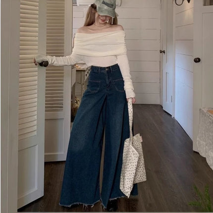 Hong Kong Style Retro Mop Loose Jeans Women's Spring 2025 New High Waist Straight Wide Leg Pants Design Sense Pants