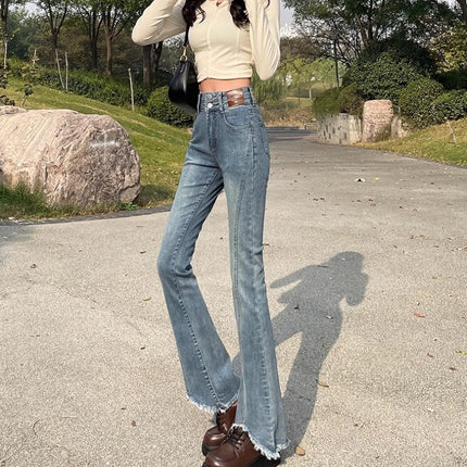 Vintage Blue Micro La Jeans Women's Autumn 2024 Fashionable All-match New High Waist Slimming Fur-edged Horseshoe Pants