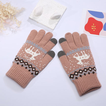 Knitted Touch Screen Gloves Men's and Women's Couple Gloves Autumn and Winter Korean Style Fawn Jacquard All-match Cold-proof Warm Cross-border Gloves