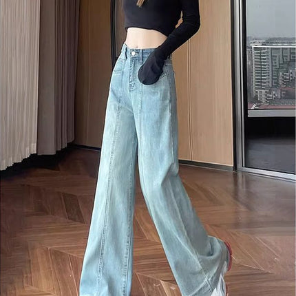 light blue Wide Leg Jeans Women's Spring 2025 New High Waist Flesh Covering Stretch Design Sense Mop Pants