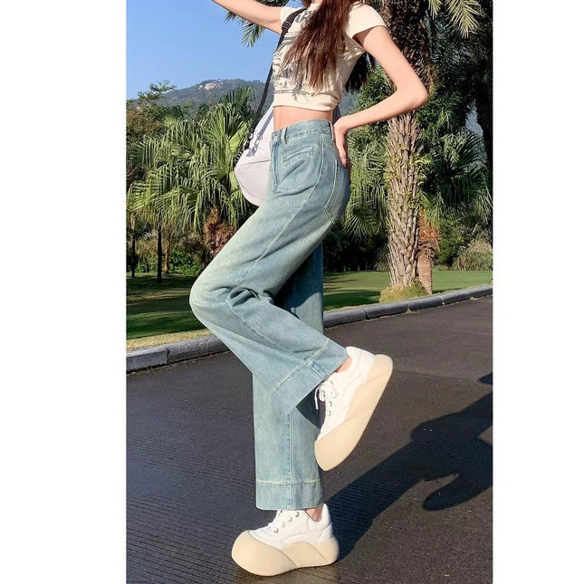 light blue Wide Leg Jeans Women's Fashion All-match New Light Color High Waist Slimming Small Men's Eight-and-Nine Straight Pants