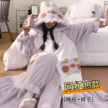 2025 Cartoon Strap Panda Pajamas Women's Winter Coral Velvet Thickened Pajamas Cute Girls Home Clothes Set