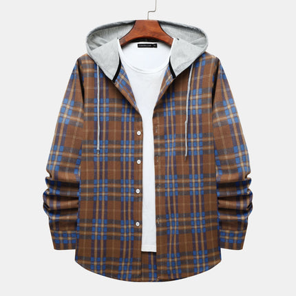 Cross-border Hooded Plaid Shirt Men's 2024 Foreign Trade Autumn Harajuku Style Plaid Hooded Shirt Men's Hong Kong Style Casual Shirt