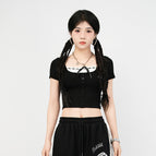 [ready stock, thin summer style] fake two-piece lace collar top / S