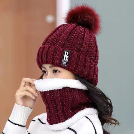 Winter Knitted Women's Hat Fur Ball Fleece-Lined Ear Protection Warm Two-Piece Hat Scarf Letter Mark Knitted Woolen Hat