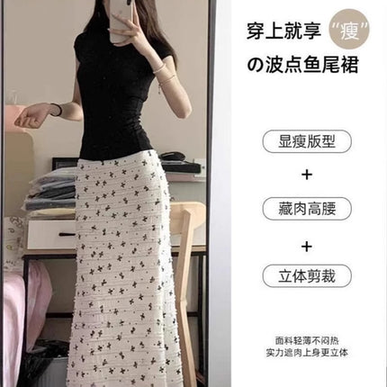 White Bow Floral Skirt for Women 2025 New Early Summer Thin High-Waist Slimming Look Hip-Hugging Fishtail Skirt Long Skirt