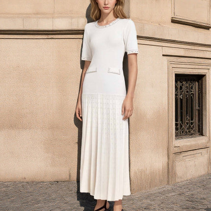 Cross-Border European and American Women's Clothing Round Neck Heavy Beaded Knitted Short-Sleeved Long Skirt Elegant Waist Pleated Skirt Slim Dress