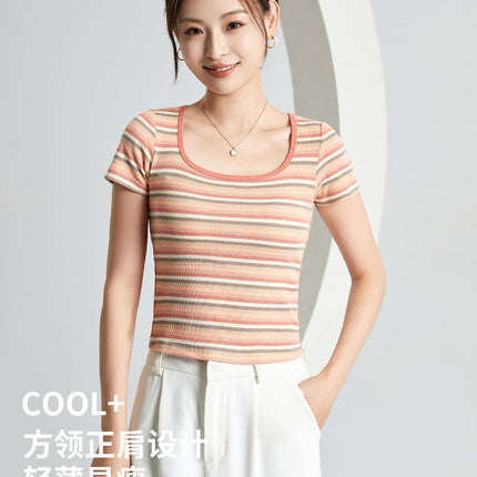 Spring and Summer New Style with Chest Pads, Fashionable and Versatile Square-Neck Gradient Crop Top Short-Sleeve T-Shirt with Built-In Bra