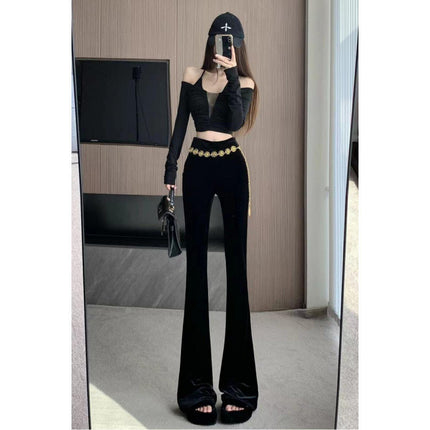 Cross-border high-grade velvet micro-pants women's 2024 autumn and winter new fashion chain high waist slim long drooping pants