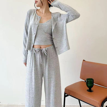 Autumn and Winter Brushed Cotton Women's Camisole Pajama Set with Chest Pads, Three-Piece Cardigan Set, Can Be Worn Outside, Ins-Style Loungewear Set