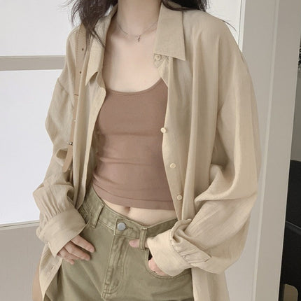 khaki Light and Thin Sun Protection Polo Shirt Women's Summer New Loose Casual Long Sleeve Top