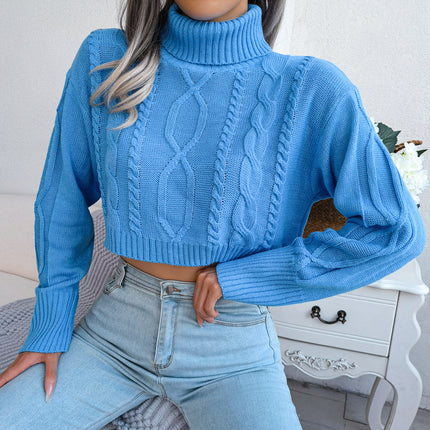 Clearance 2023 Autumn/Winter European and American Fashion Cable Knit Long-Sleeve Turtleneck Short Pullover Sweater Independent Cross-Border Women's Clothing