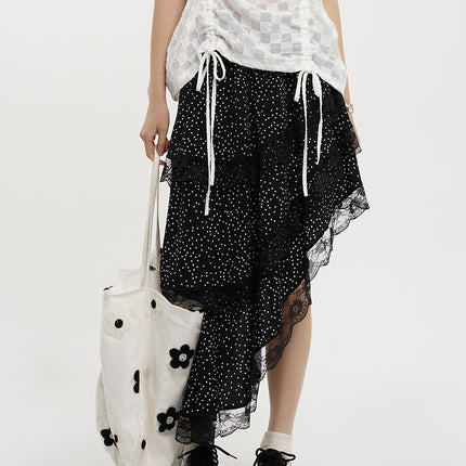 Yamamoto Summer French Style Irregular Wave Dot Skirt High Waist Lace Slant Hem Design Midi Dress