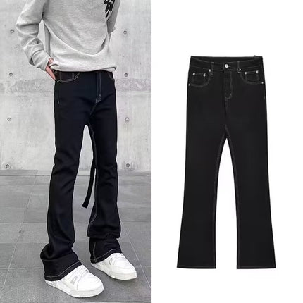 American high street long ribbon micro horn mid-waist jeans men's and women's same straight slim slimming mop long pants