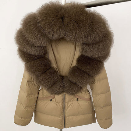 25 New Foreign Trade Hot Style Short Women's Real Fox Fur Collar down Jacket Thickened Slim Waist Fur down Jacket