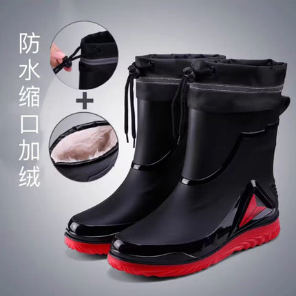 Men's Rain Boots with Cuffs, New Waterproof Shoes, Outdoor Drawstring Boots, Kitchen Non-Slip Work Rubber Shoes, Fleece-Lined Warm Rain Boots