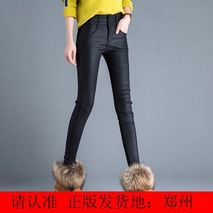 Autumn and Winter New 2025 Popular Women's High-Waisted Matte Gold Leather Leggings with Fleece Lining and Thickened for Outerwear