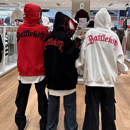 American Style Fried Street Spider Embroidered Zipper Cardigan Sweater Men's and Women's Autumn Loose Couple's oversize Hooded Jacket