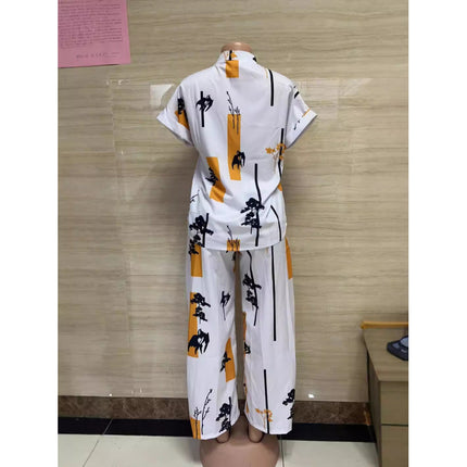 2024 In-Stock Cross-Border Aliexpress Popular Foreign Trade Women's Clothing with Unique Print Two-Piece Set Versatile Korean Fashion