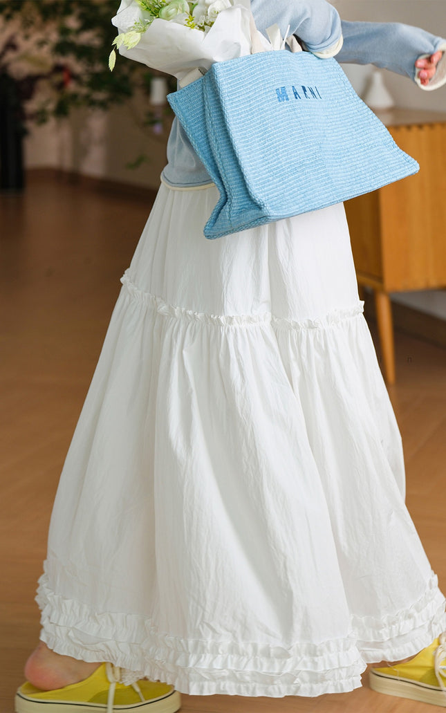 2025 New Summer Style Ear-Hem Elastic Waist Long Gentle Style A-Line Skirt Women's Hem Lace Splicing Skirt
