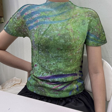 Issey Miyake Summer New Fashion Elegant Pleated Top Digital Printing Easy Care Versatile Pleated Mini Top