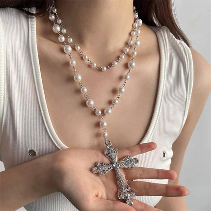 Multi-layer Stacked Cross Pearl Necklace Women's Clavicle Chain chocker Accessories Woolen Chain Long Exaggerated Jewelry