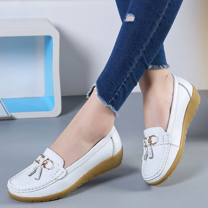 Summer Hollow New Leather Shoes for Middle-Aged and Elderly Mothers, Women's Single Shoes, Bean Shoes, Women's Soft-Soled Wedge-Heeled Clogs, Women's Shoes