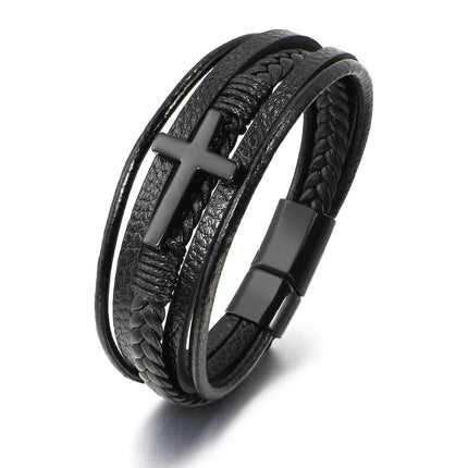 Cross-Border Hot Selling European and American Cross Leather Bracelet Men's Multi-Layer Hand-Woven Rope Magnet Buckle Genuine Leather Bracelet