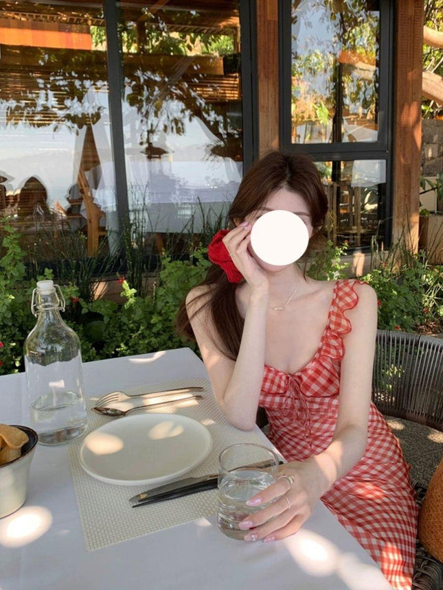 Cooked Cherry Red Plaid Suspender Fishtail Skirt Women's Spring and Summer 2025 New French Style Gentle Seaside Vacation dress