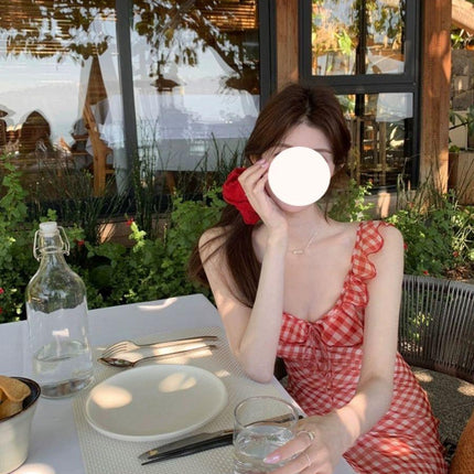 Cooked Cherry Red Plaid Suspender Fishtail Skirt Women's Spring and Summer 2025 New French Style Gentle Seaside Vacation dress