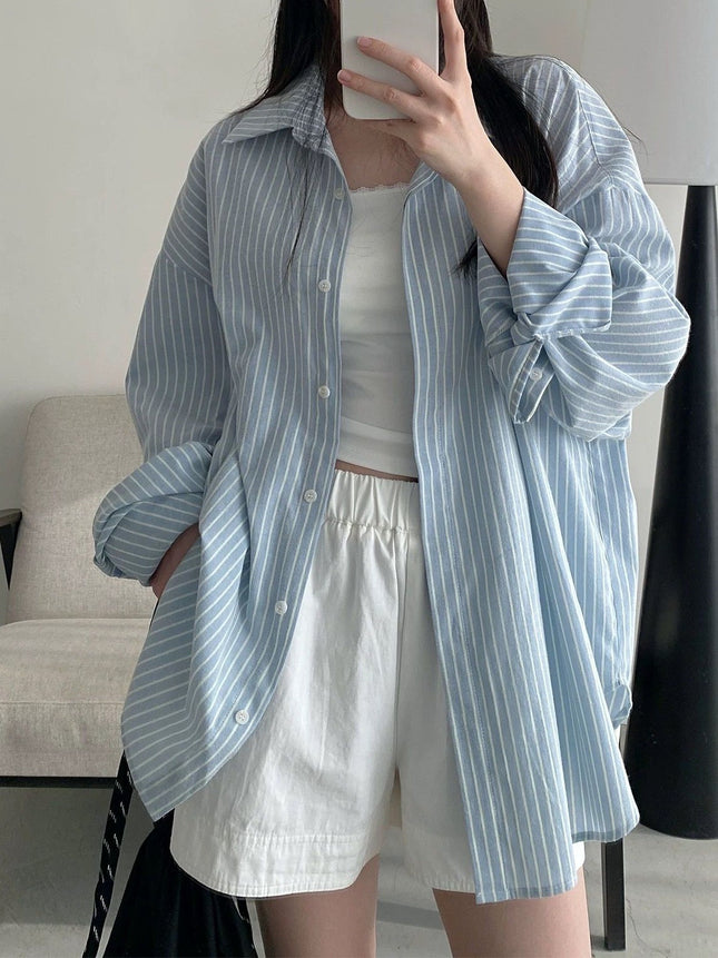 Polo Collar Light Blue Long-Sleeved Stripesd Shirt for Women Autumn and Summer Korean Chic New Style Loose Cardigan Top for Women