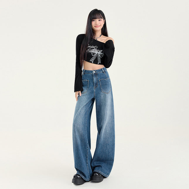 Vintage All-match Loose Wide-leg Jeans Women's 2025 Spring New Style Straight Slim-fit High Waist Mop Pants