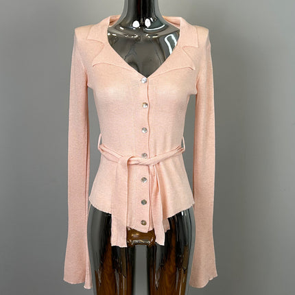 South Korea's Dongdaemun New Product, Feminine Lapel Lace-Up Slim Knitted Cardigan Me Fashionable Elegant