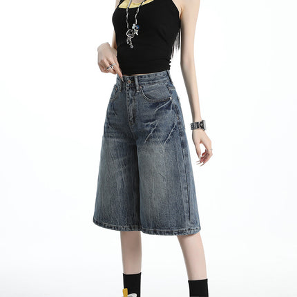 Raccoon House # American Retro Design Niche Lightning Denim Shorts Women's High-Waisted Loose Straight Wide-Leg Cropped Pants