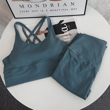 European and American Fashion Fitness Set, Push-Up Cross Sports Bra, Nude-Feel High-Waisted Butt-Lifting Yoga Two-Piece Set for Women