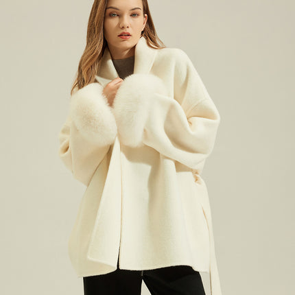 2025 Autumn and Winter Wool Double-Sided Woolen Outwear Woolen Short Fox Fur Petite Outwear Women's Mulberry Silk Jacket