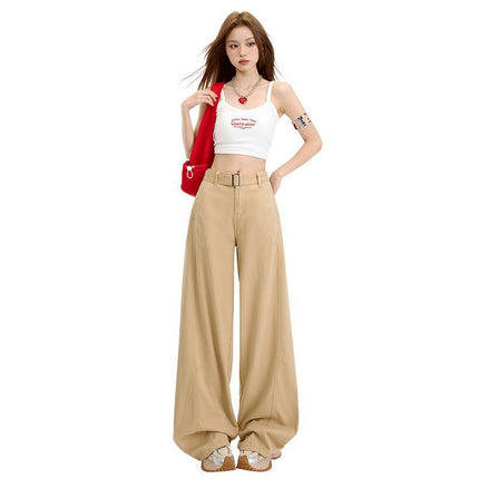 High-Waisted Casual Jeans with Belt, Simple Versatile Fashion Wide-Leg Floor-Length Pants for Women